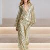 New fashionable party women's wear set: gold sequined jacket with half-zip and wide-leg trousers
