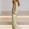 New fashionable party women's wear set: gold sequined jacket with half-zip and wide-leg trousers