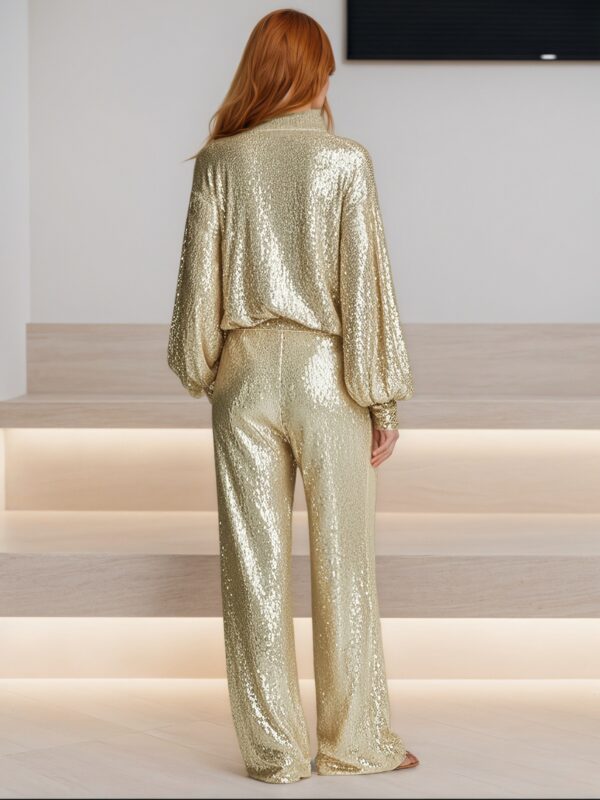 New fashionable party women's wear set: gold sequined jacket with half-zip and wide-leg trousers