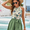 Five-inch shorts with ribbon bow print, sleeveless short neck-hanging vest two-piece women's clothing set