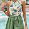 Five-inch shorts with ribbon bow print, sleeveless short neck-hanging vest two-piece women's clothing set