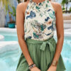Five-inch shorts with ribbon bow print, sleeveless short neck-hanging vest two-piece women's clothing set