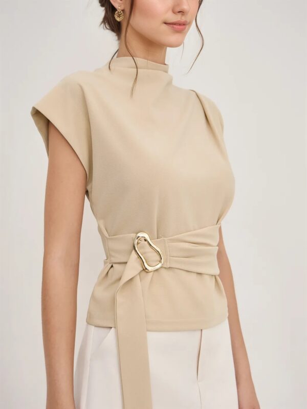 Half-high neck short-sleeve women's top with off-white fabric, waist-cinching design, and button closure