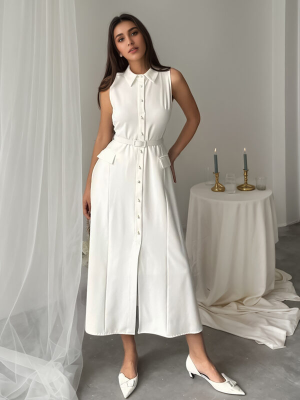 Solid-color sleeveless belt-embellished pearl-buttoned slim-fit slit professional dress