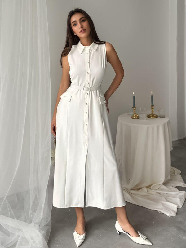 Solid-color sleeveless belt-embellished pearl-buttoned slim-fit slit professional dress