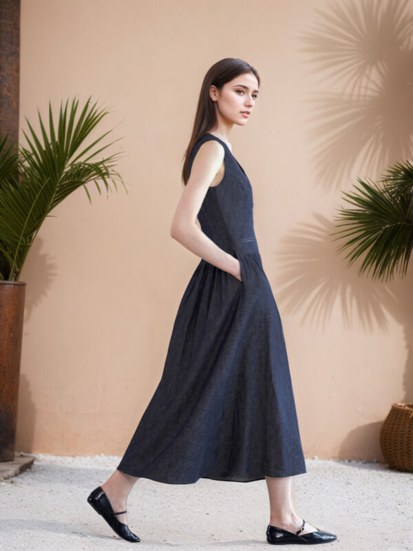 V-neck pocketed midi dress with a simple, casual, loose, sleeveless design2 V-neck pocket mid-length dress – a simple, casual, loose-sleeved outfit.