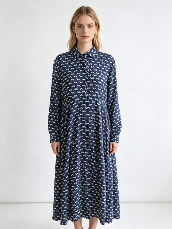 Long-Sleeve Printed Dress (Navy Print)