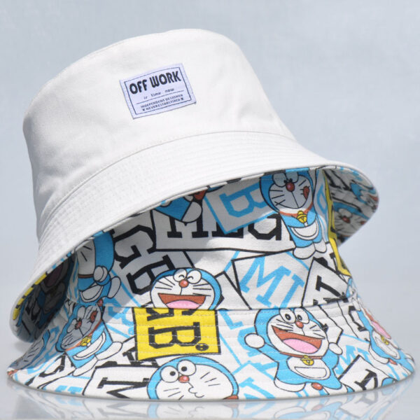 White Doraemon Print Reversible Bucket Hat