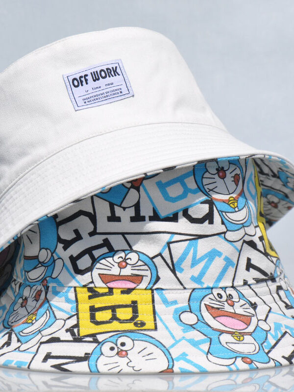 White Doraemon Print Reversible Bucket Hat