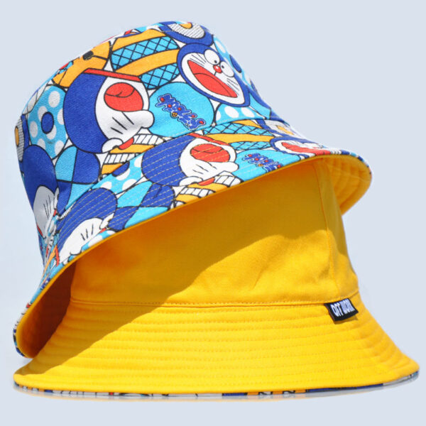White Doraemon Print Reversible Bucket Hat