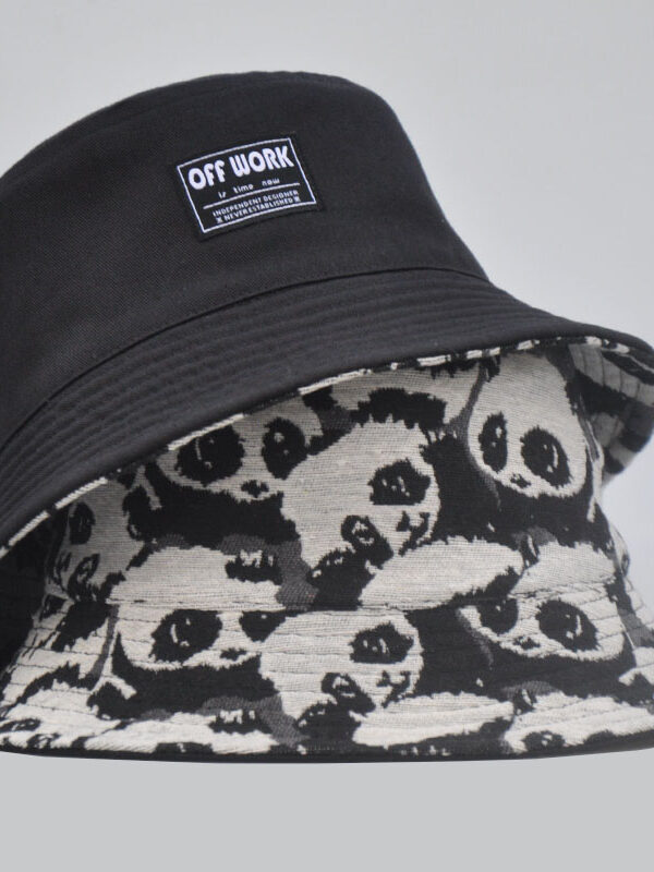 Black Linen-Blend Panda Reversible Bucket Hat