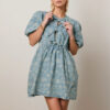 Elegant, fashionable and sweet denim blue bubble-handled dress with blue floral drawstring – European-style denim dress.