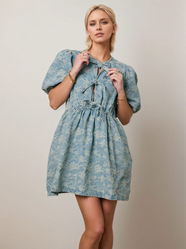 Elegant, fashionable and sweet denim blue bubble-handled dress with blue floral drawstring – European-style denim dress.
