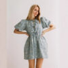 Blue Flower Drawstring Women's Jeans Dress3 Elegant, fashionable and sweet denim blue bubble-handled dress with blue floral drawstring – European-style denim dress.