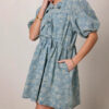 Blue Flower Drawstring Women's Jeans Dress4 Elegant, fashionable and sweet denim blue bubble-handled dress with blue floral drawstring – European-style denim dress.