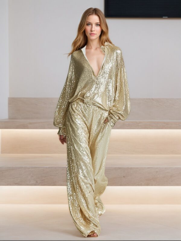 New fashionable party women's wear set: gold sequined jacket with half-zip and wide-leg trousers