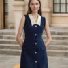 Deep blue sleeveless dress with white collar