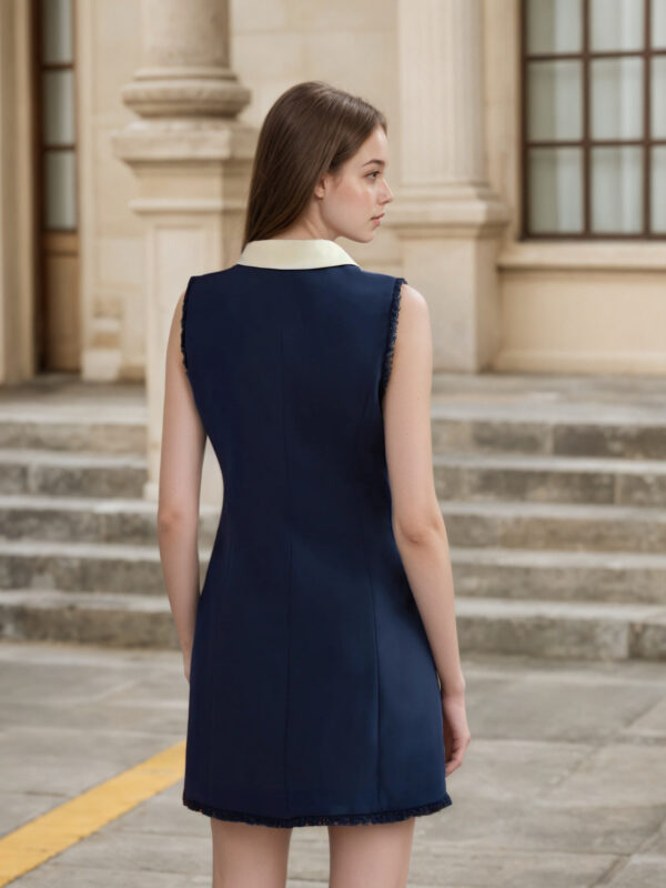 Deep blue sleeveless dress with white collar