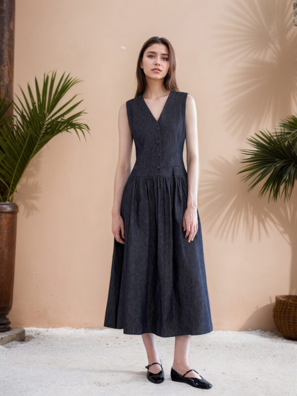 V-neck pocket mid-length dress – a simple, casual, loose-sleeved outfit.